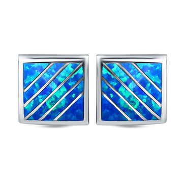 Stud Earring Square Shape Lab Created Blue Opal 925 Sterling Silver (13mm)